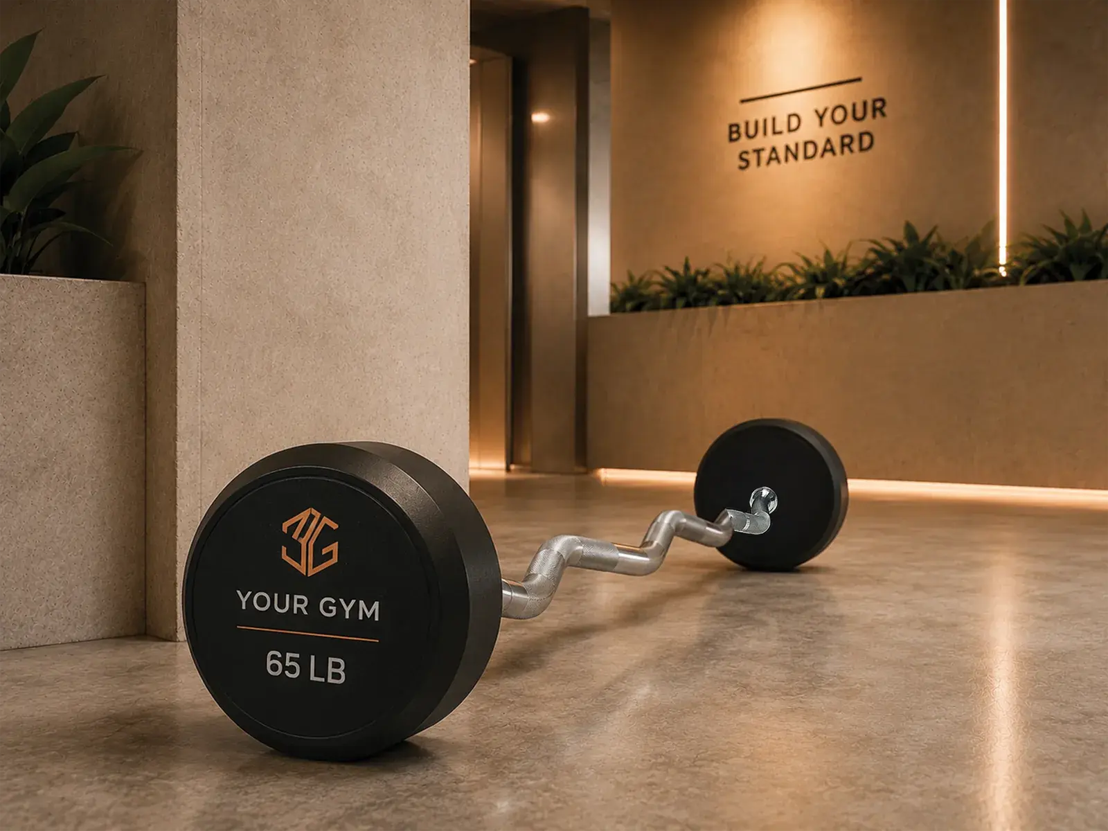 Custom curl-bar dumbbell with gym logo and LB marking