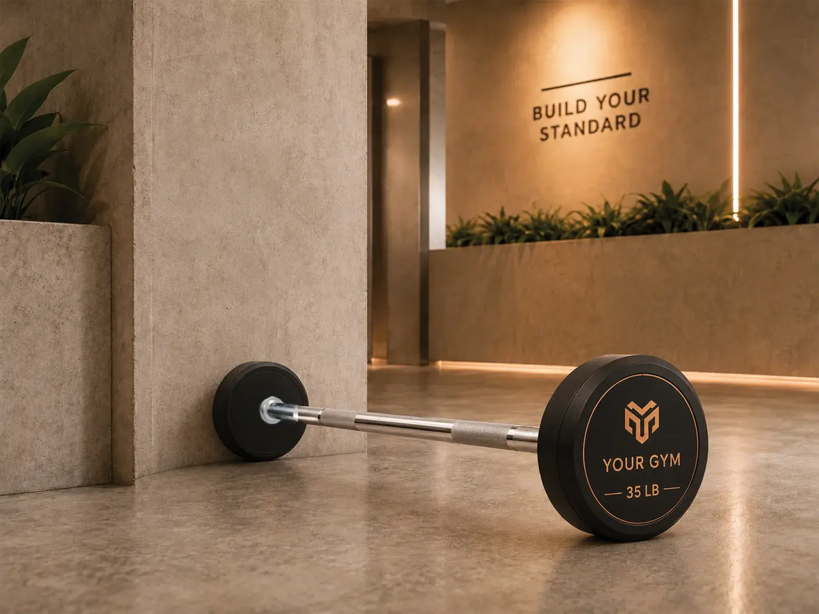 Custom straight-bar dumbbell with gym logo and LB marking