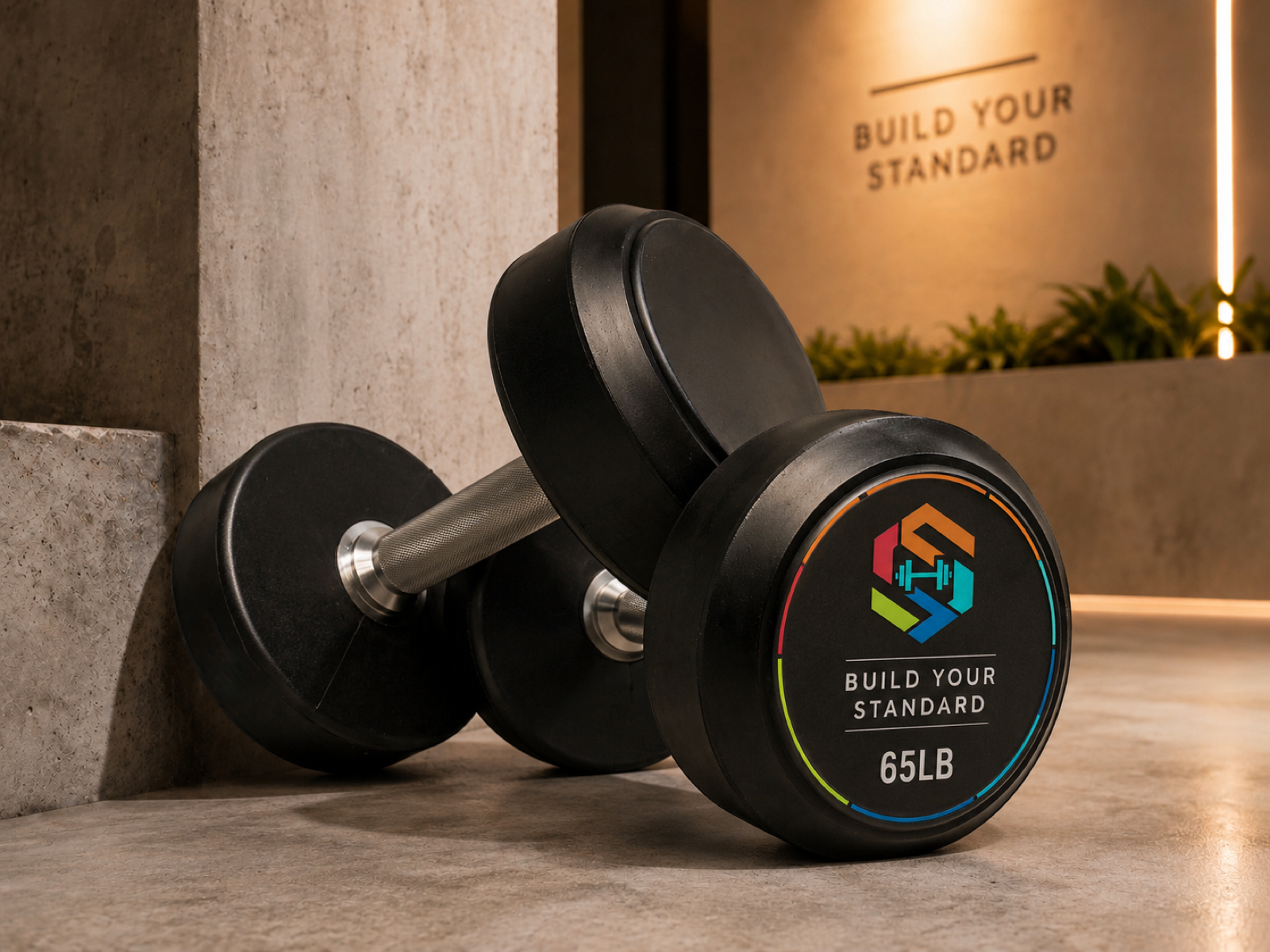 Custom round dumbbell with gym logo and 65 LB marking