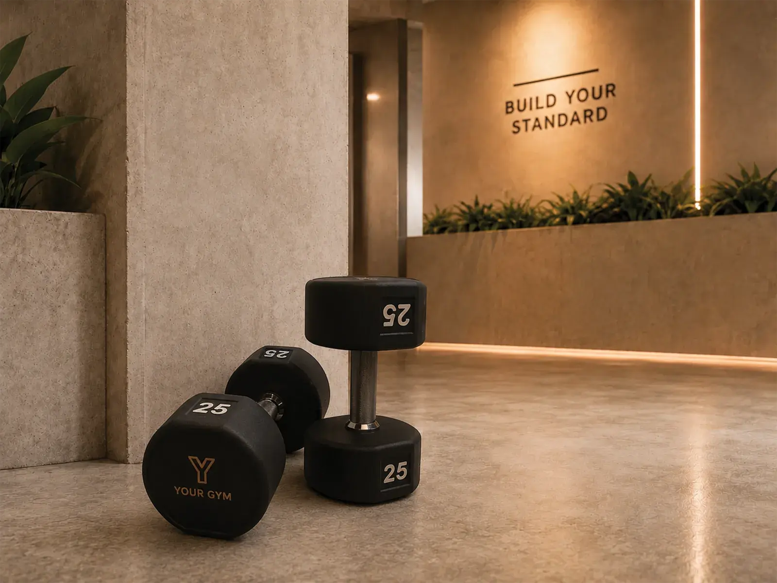 Custom hex dumbbells with gym logo and LB markings