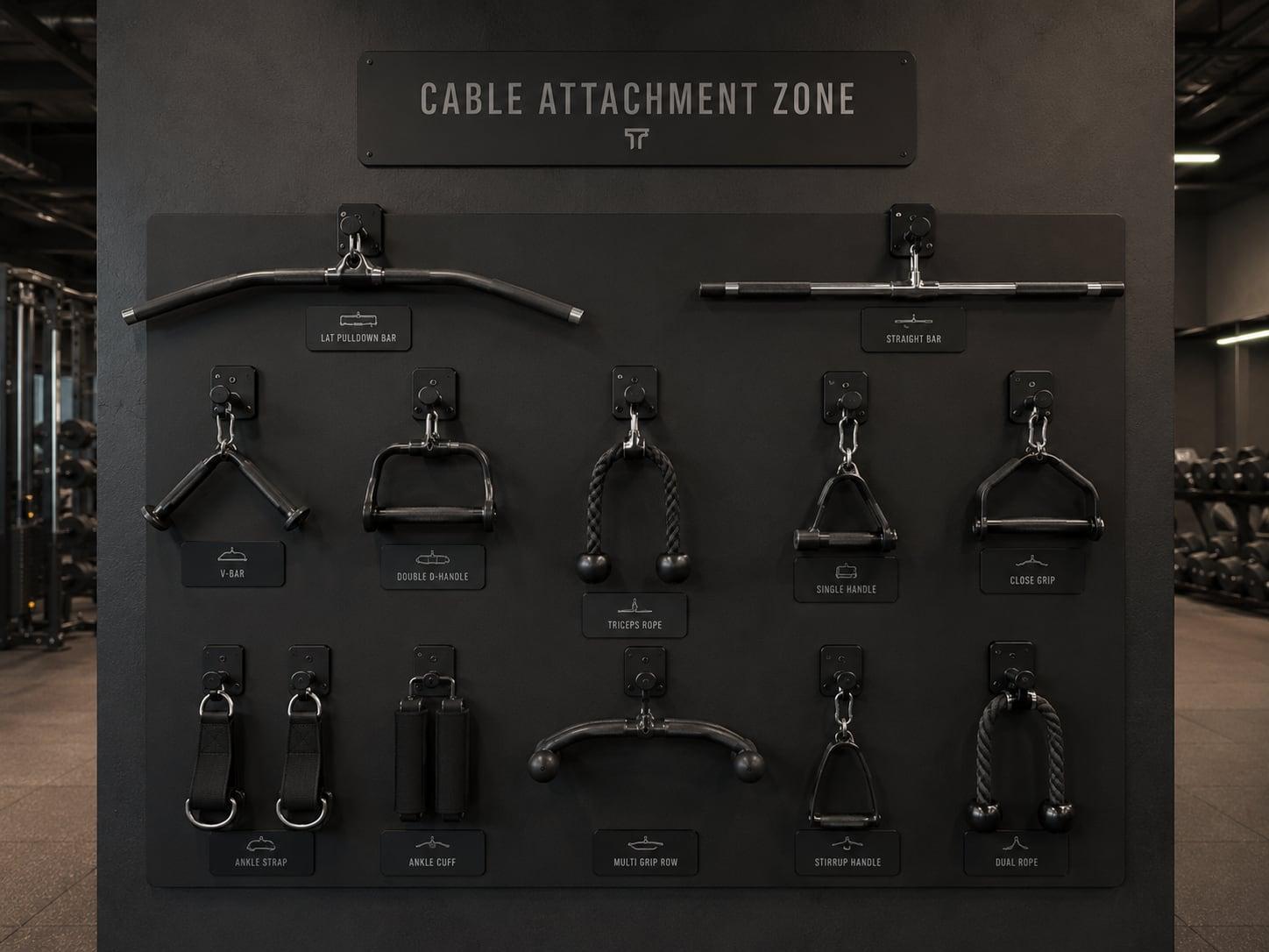 Matte cable attachment wall labels for a gym strength zone