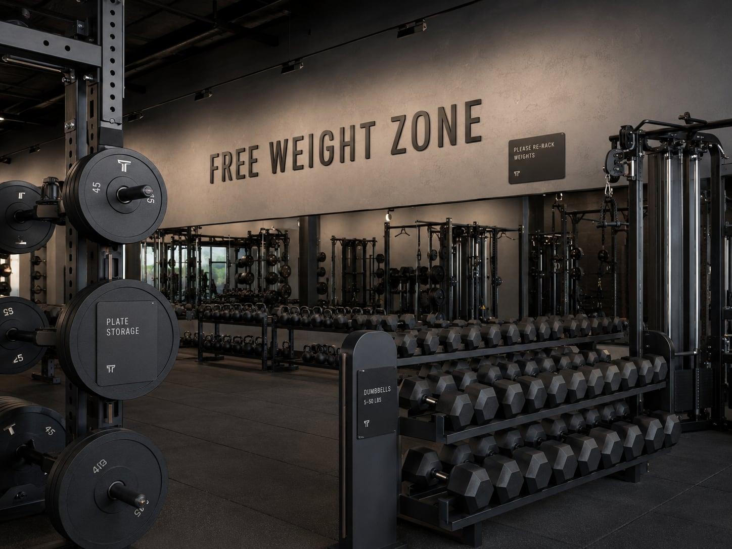 Matte free weight rack labels on a premium gym dumbbell rack