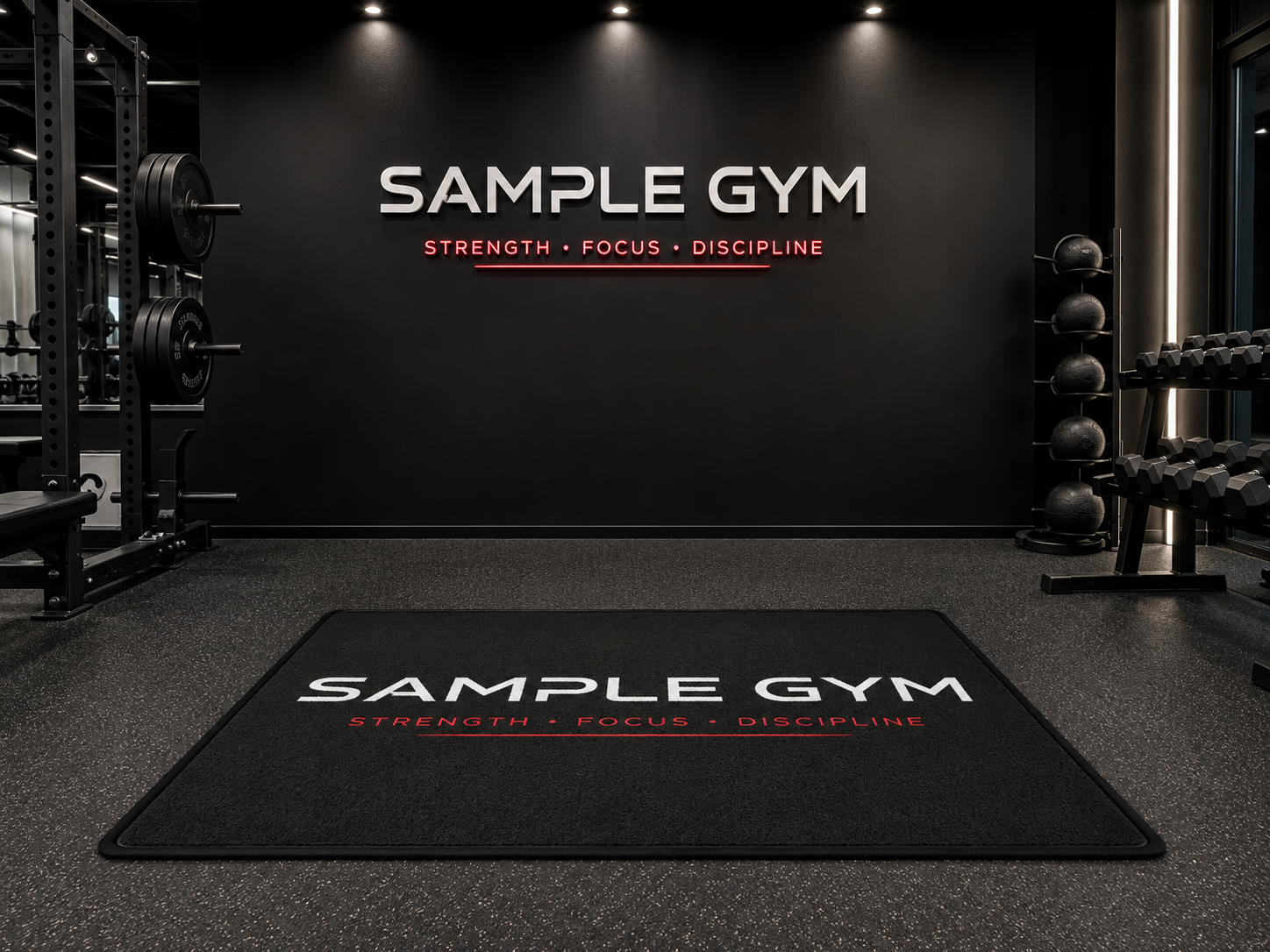 Branded floor logo mat in gym entrance area