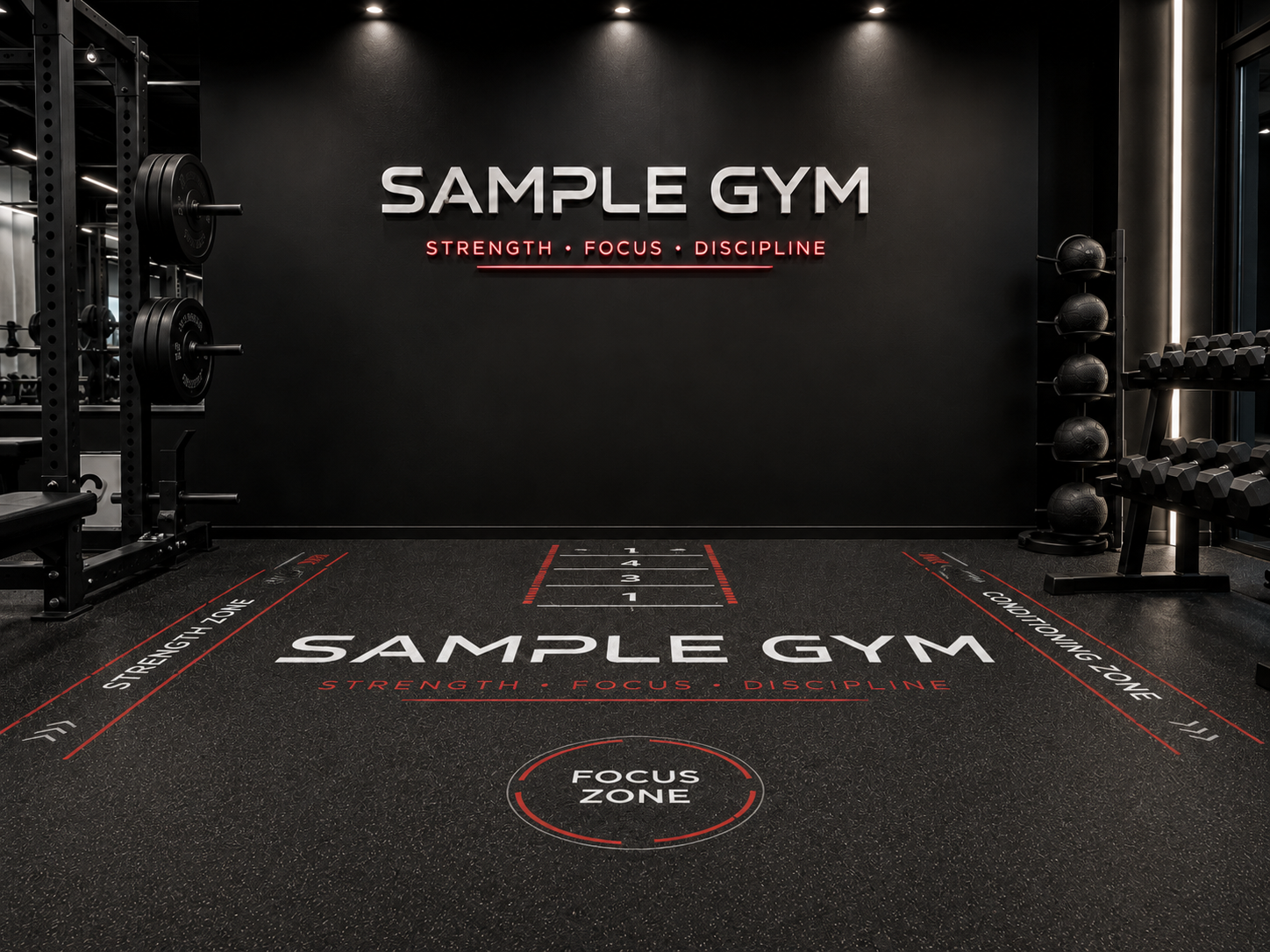 Gym floor zone marker with sample logo
