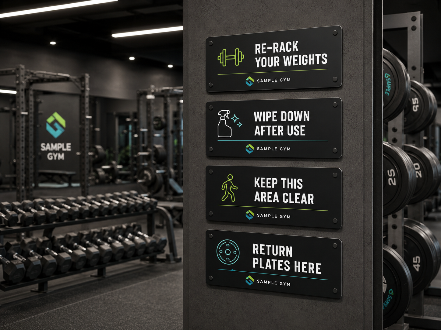 Matte re-rack and safety reminder plates for gym strength equipment