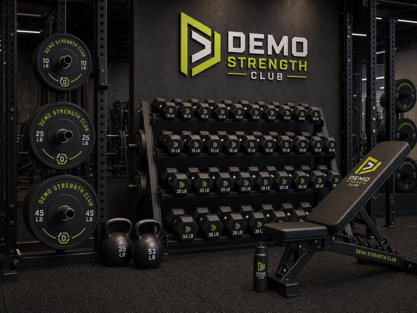 Demo Strength Club branded strength equipment with LB markings sample concept